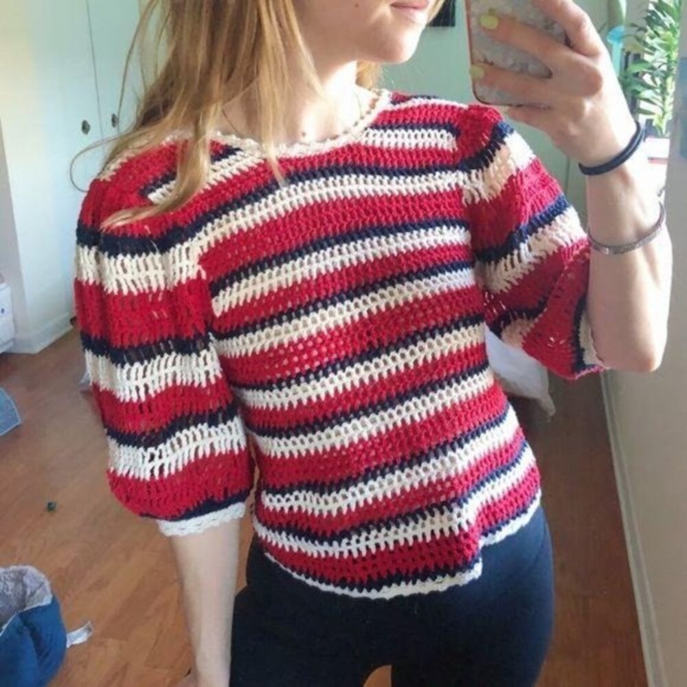 Ulla Johnson Amata Puff Sleeve Striped Sweater Red XSP - Picture 6 of 8